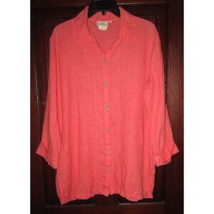 Hot Cotton Marc Ware M 100% Linen Button Shirt Tunic Top Blouse Coral Pintucked